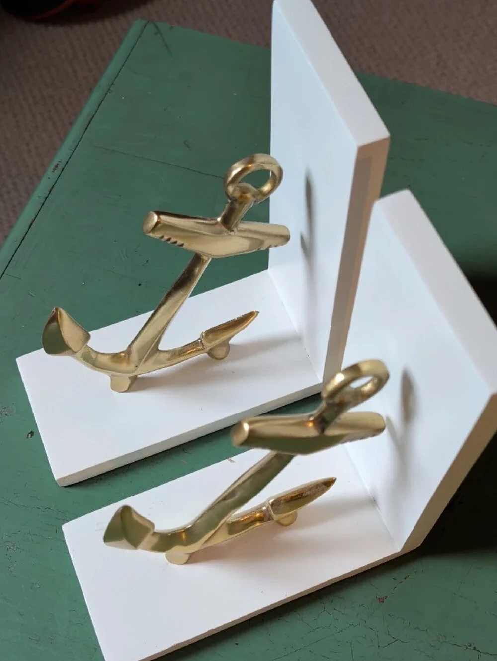 Nautical Brass Anchor Bookends On White Stands